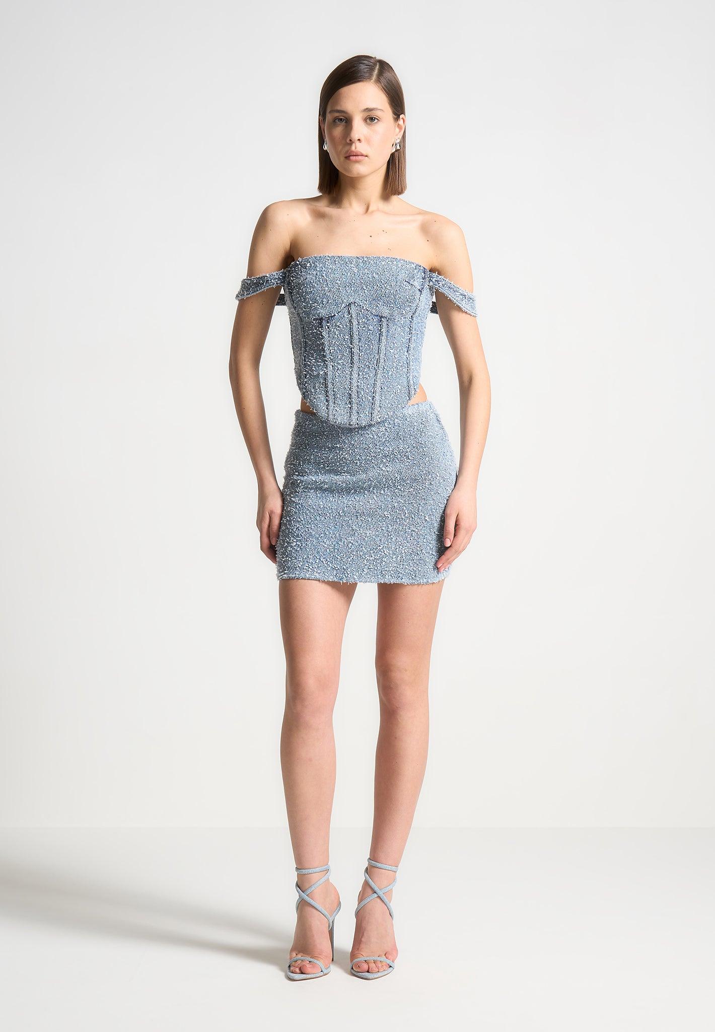 Bonnie - Boucle Denim Bardot Corset Top - Mid Blue Female Product Image