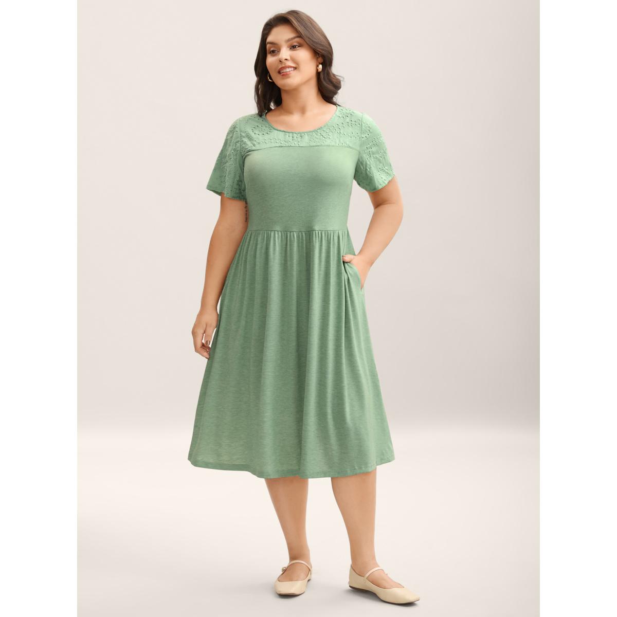 Plus Size Stretchy Sheer Textured Spliced Midi Dress Greenbean Women Knit Dresses Bloomchic 30/6X Product Image