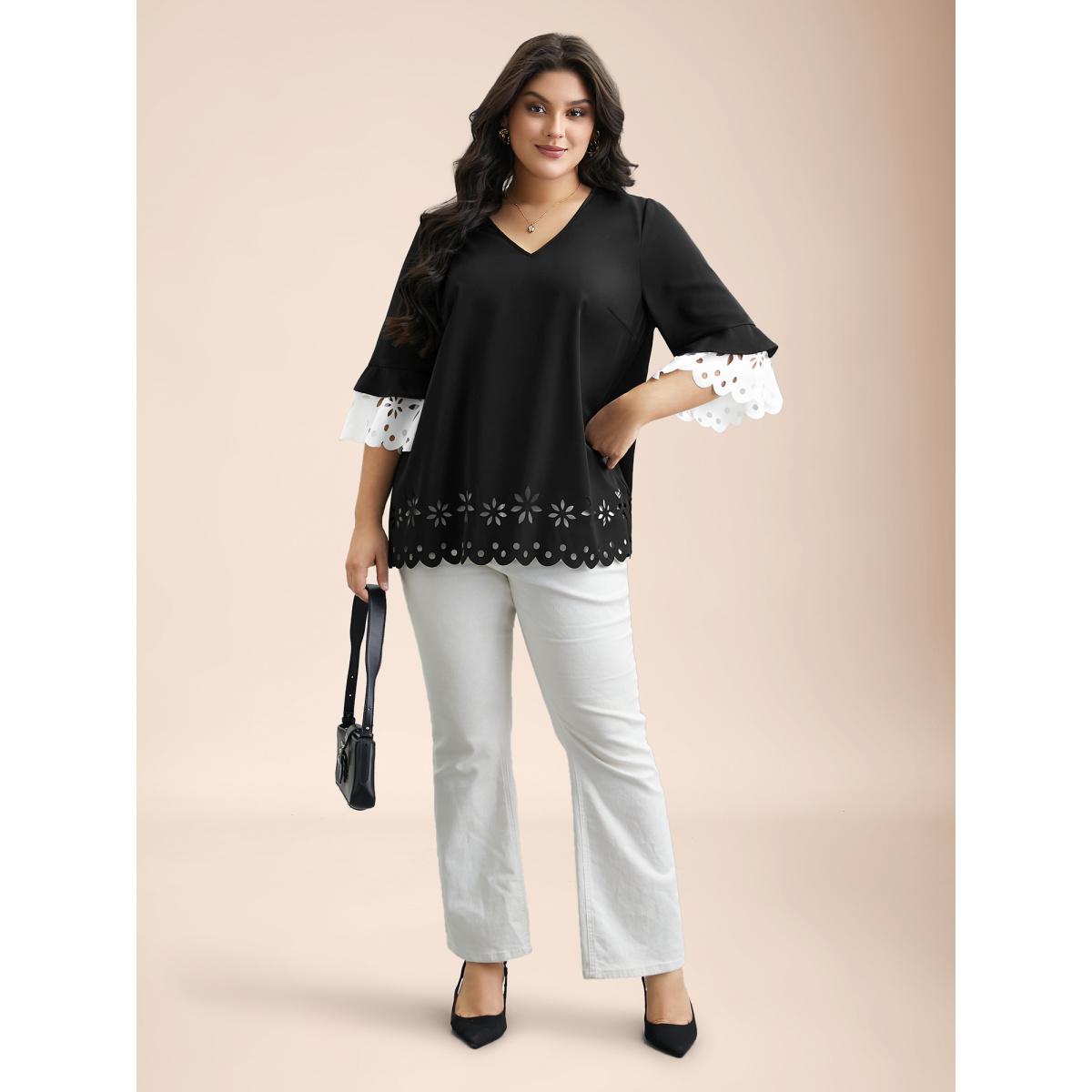 Plus Size Black Laser Cut Color Contrast V-Neck Blouse Women At the Office Elbow-length sleeve V-neck Work Blouses BloomChic 18-20/2X Product Image