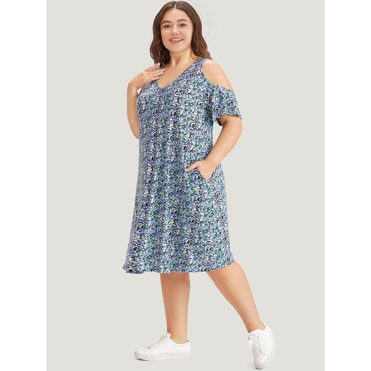 Plus Size Ditsy Floral Pocket Cold Shoulder Dress Blue Women Casual Cut-Out V-neck Short sleeve Curvy Midi Dress BloomChic 26/4X Product Image