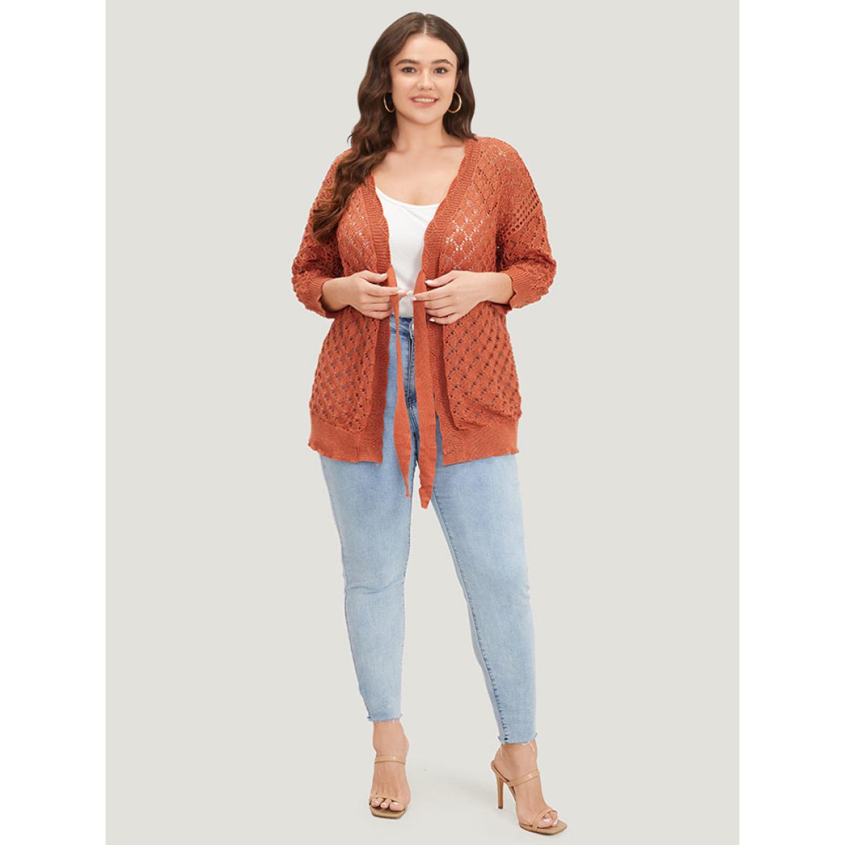 Plus Size Solid Hollow Out Ties Front Elastic Cuffs Cardigan Chocolate Women Casual Loose Elbow-length sleeve Dailywear Cardigans BloomChic 12/L Product Image