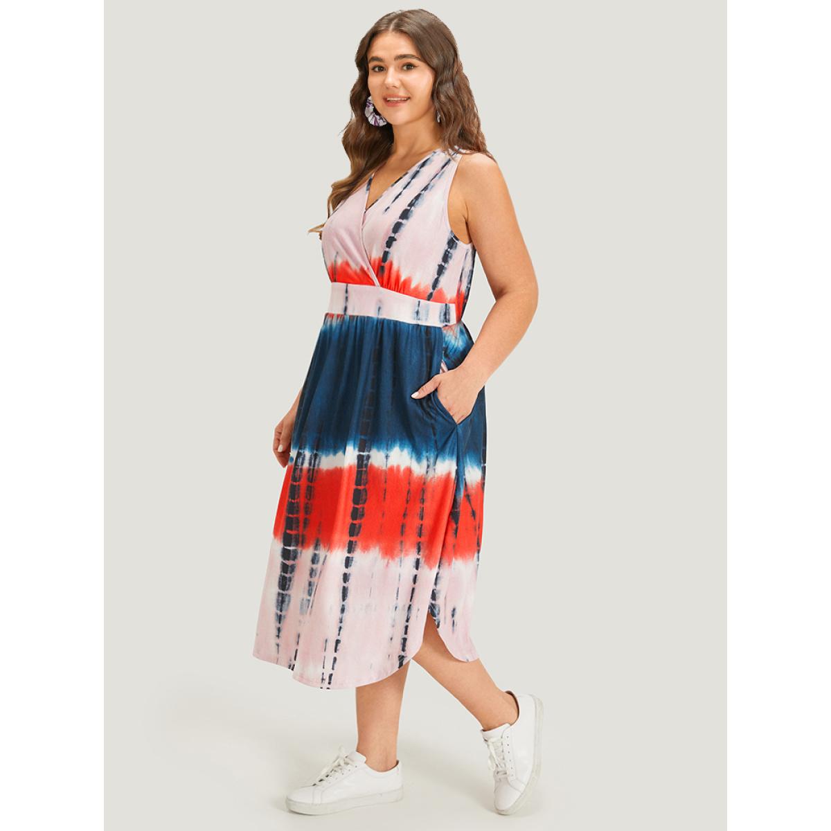 Plus Size Tie Dye Pocket Wrap Arc Hem Tank Dress Multicolor Women Casual Arc Hem V-neck Sleeveless Curvy Midi Dress BloomChic 10/M Product Image
