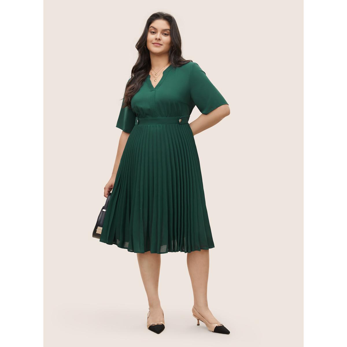 Plus Size Solid Button Detail Notched Pleated Hem Dress DarkGreen Women At the Office Non Notched collar Short sleeve Curvy Midi Dress BloomChic 12/L Product Image