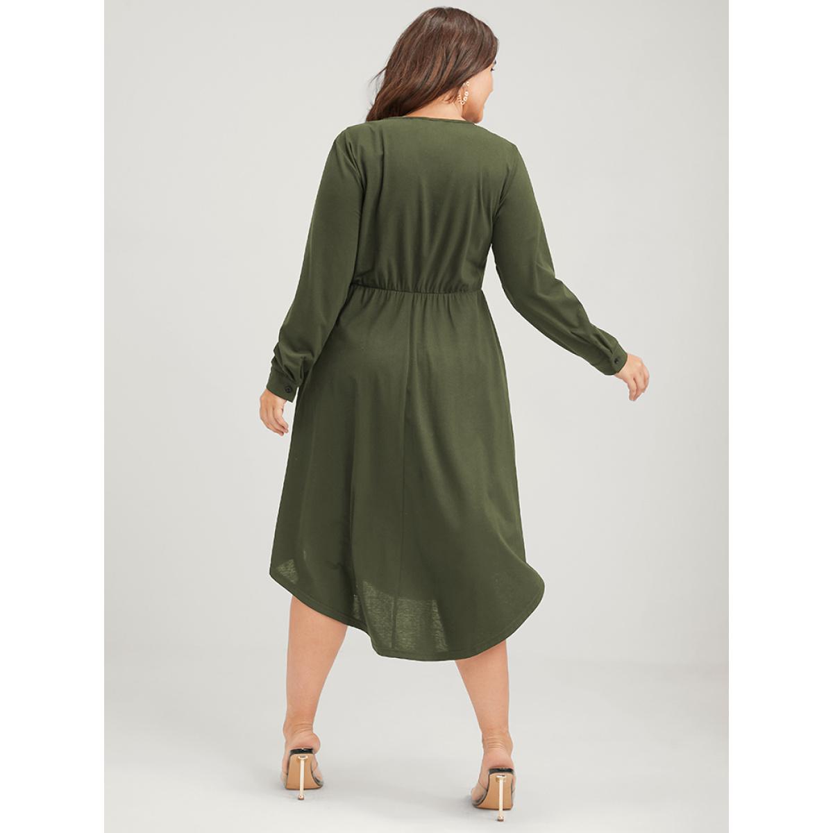 Plus Size Solid Zipper Pocket Flutter Drawstring Asymmetrical Hem Dress ArmyGreen Women Office Zipper V-neck Long Sleeve Curvy Midi Dress BloomChic 12/L Product Image