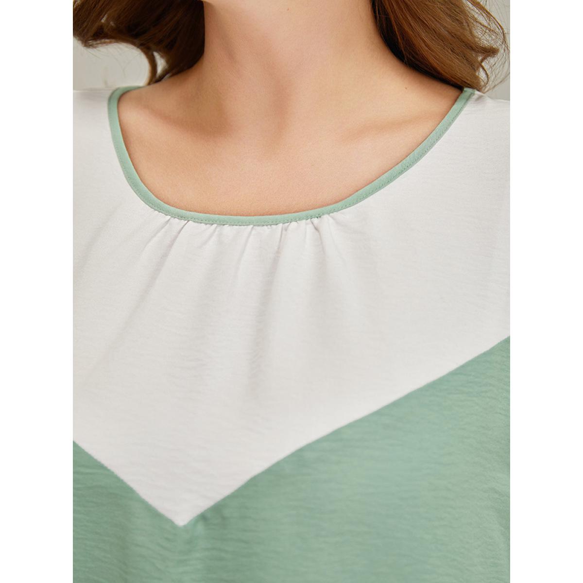 Plus Size Mint Color Block Contrast Trim Cold Shoulder Blouse Women Vacation Elbow-length sleeve Cold Shoulder Dailywear Blouses BloomChic 22-24/3X Product Image