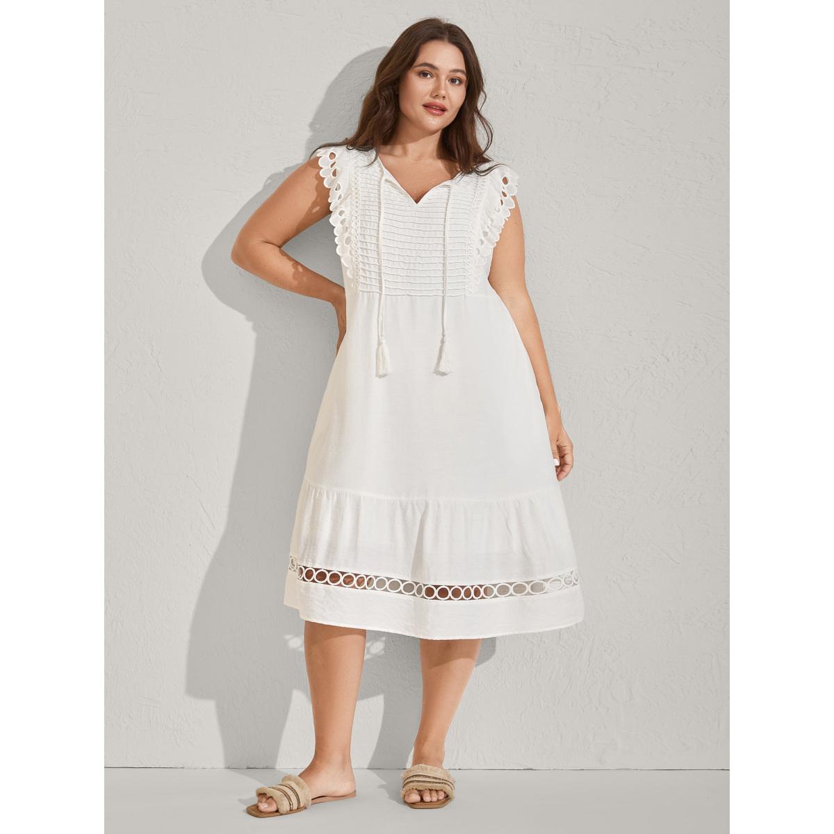 Plus Size Lace Embroidered Sleeve Plain Midi Dress Originalwhite Women V-neck Cap Sleeve Curvy BloomChic 18-20/2X Product Image