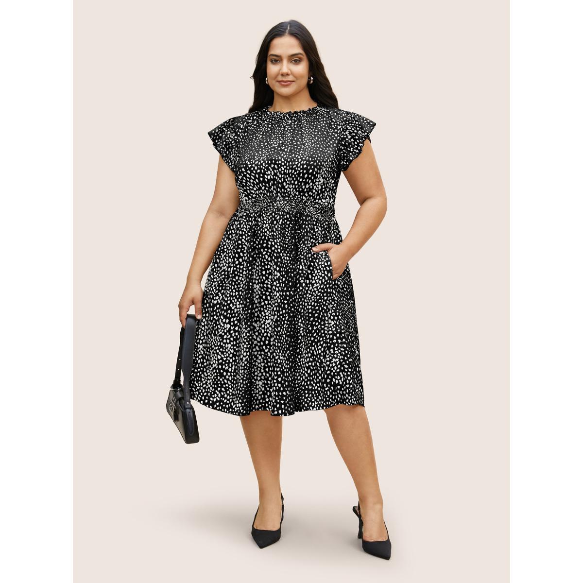 Plus Size Leopard Print Frill Trim Cap Sleeve Dress Black Women At the Office Round Neck Cap Sleeve Curvy BloomChic 18-20/2X Product Image