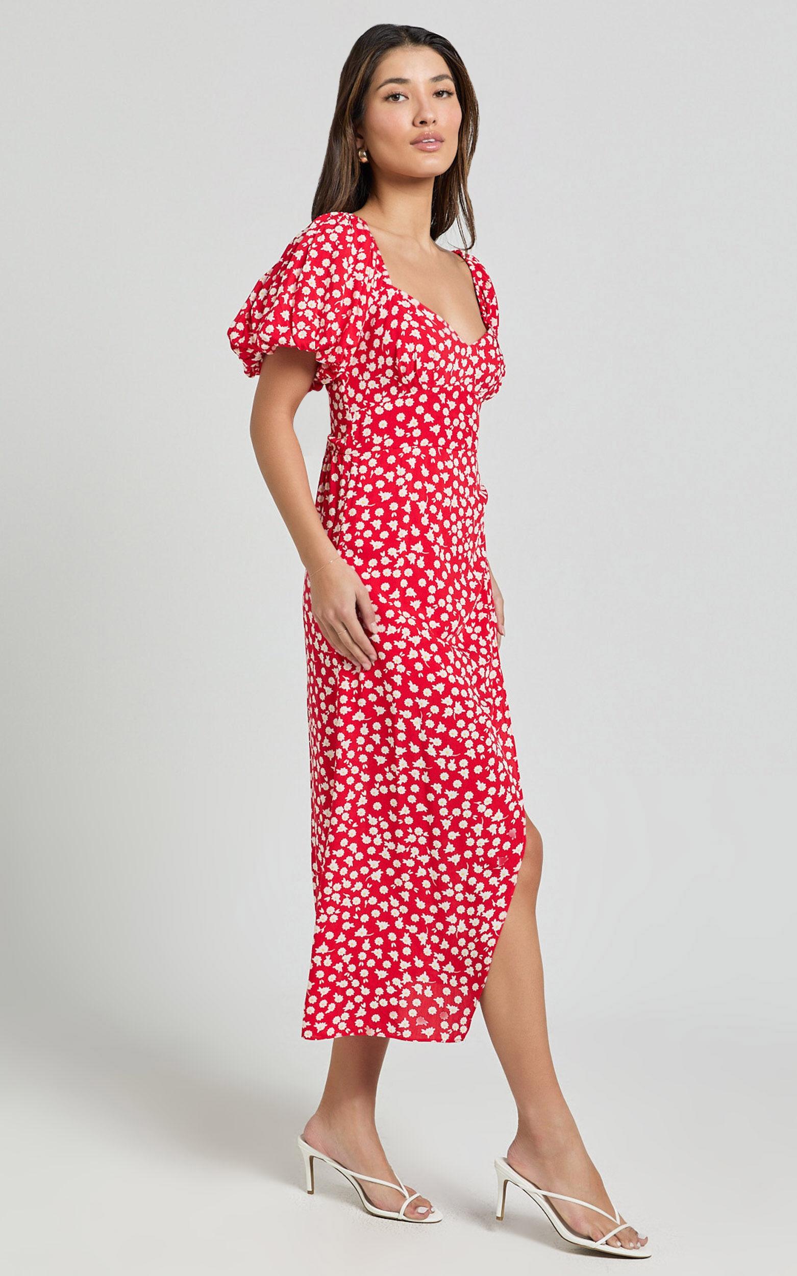 Carlyn Midi Dress - Sweetheart Puff Sleeve Wrap Dress in Red Floral Product Image