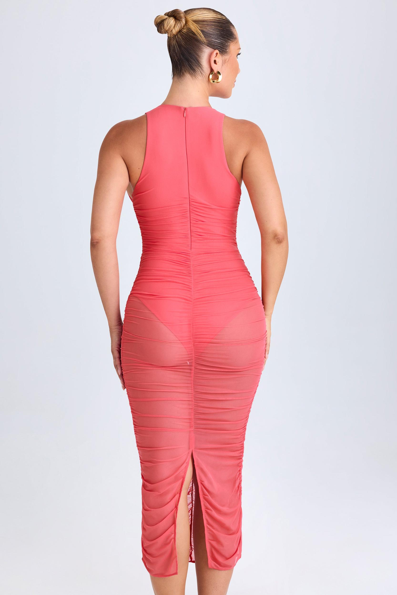 Ruched Plunge Midaxi Dress in Coral Female Product Image