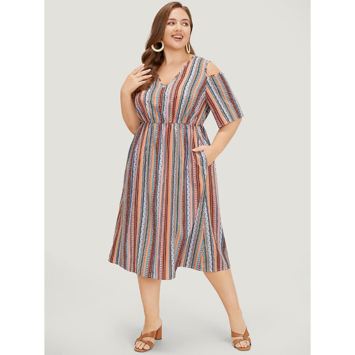 Plus Size Rainbow Striped Pocket Cold Shoulder Dress Multicolor Women Vacation V-neck Short sleeve Curvy Midi Dress BloomChic 14-16/1X Product Image