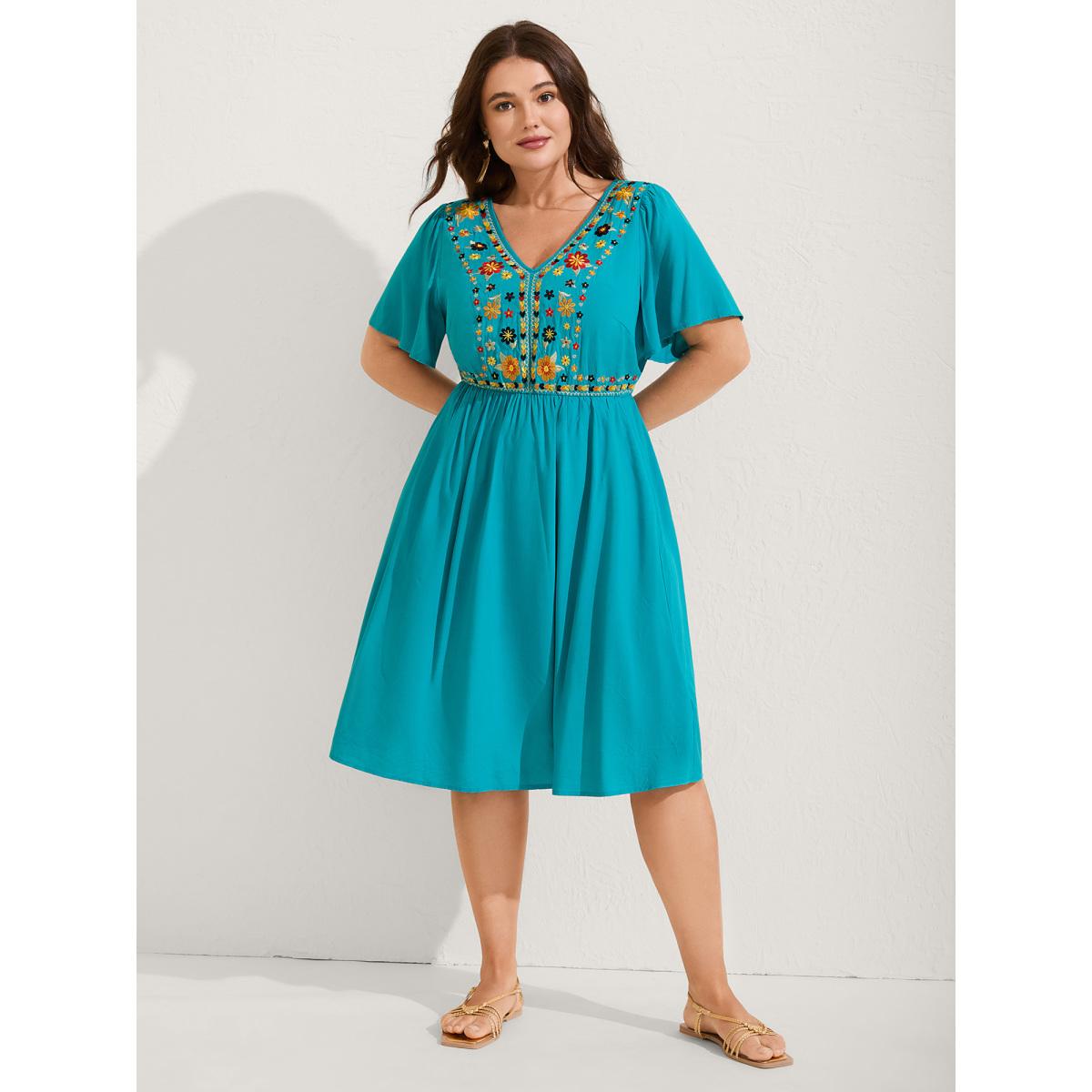 Plus Size Rayon Floral Embroidered Pockets Midi Dress Arctic Women Boho V-neck Sleeveless Curvy BloomChic 12/L Product Image