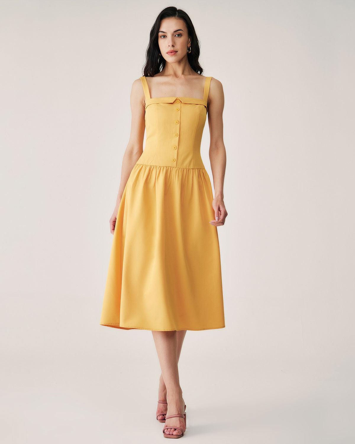 Yellow Button Pleated Slip Midi Dress Product Image