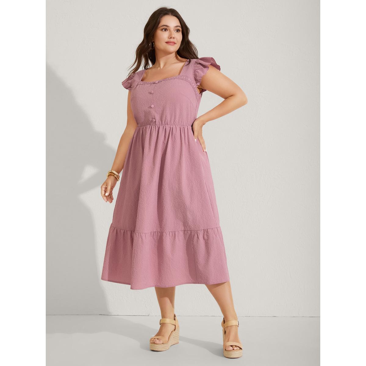 Plus Size Lace Trim Button Detail Tiered Midi Dress Beanpastepowder Women Square Neck Cap Sleeve Curvy BloomChic 10/M Product Image