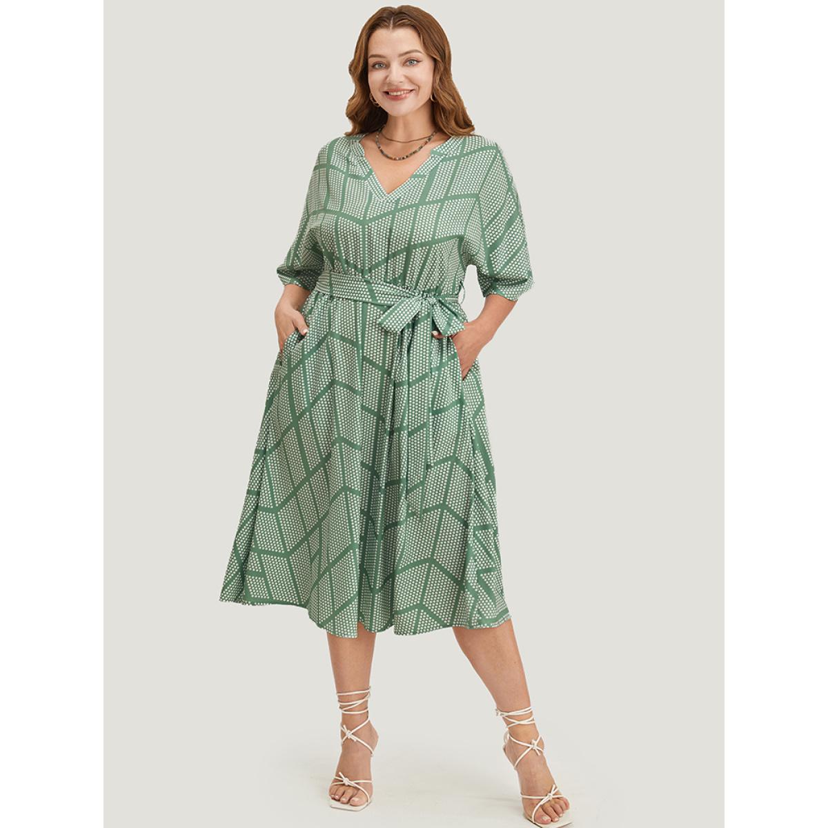Plus Size Geometric Print Dolman Sleeve Pocket Belted Ruffles Dress Mint Women Office Cross straps V-neck Short sleeve Curvy Midi Dress BloomChic 28/5X Product Image
