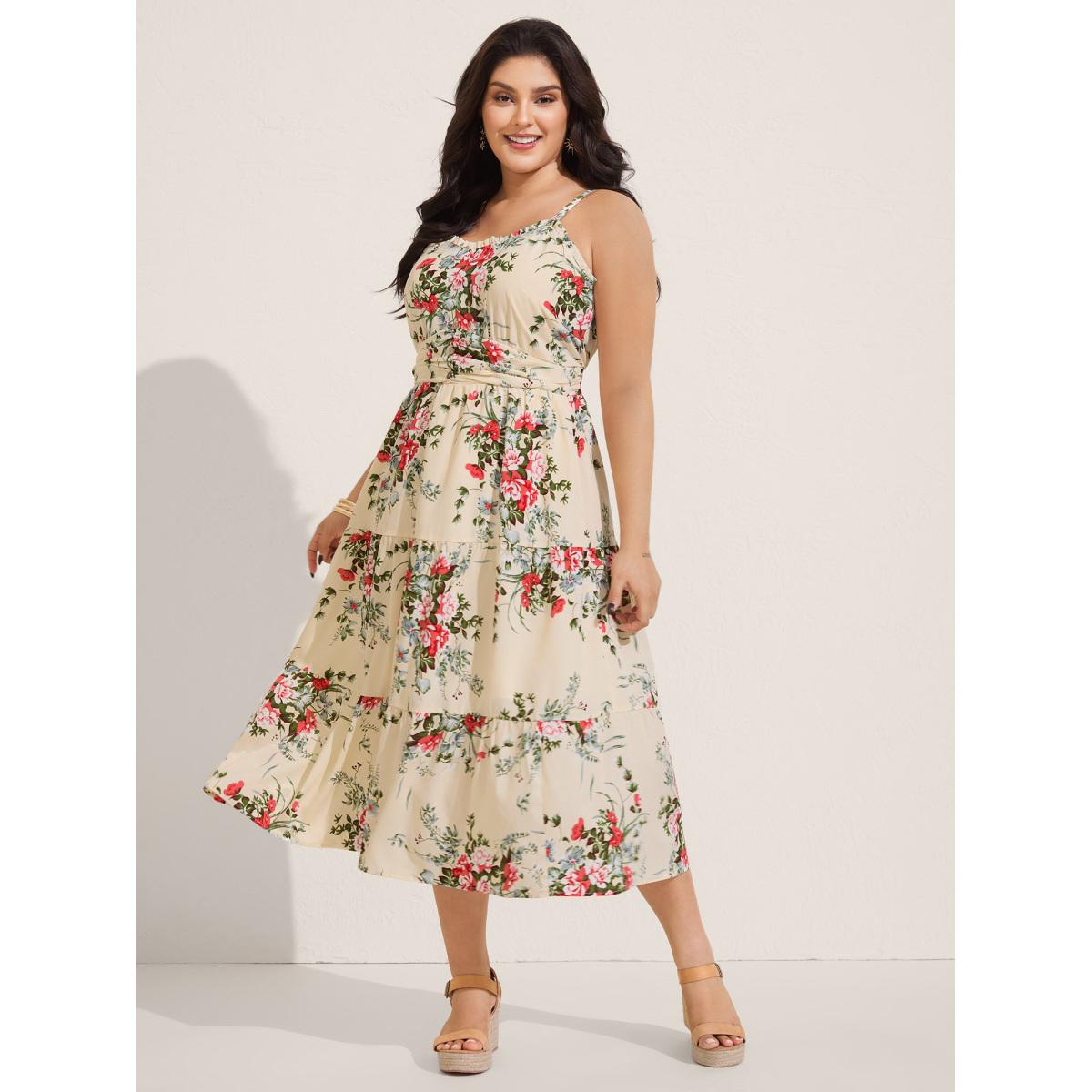 Plus Size Floral Pleated Waist Pockets Midi Dress Apricot Women Timeless Non Sleeveless Curvy BloomChic 14-16/1X Product Image
