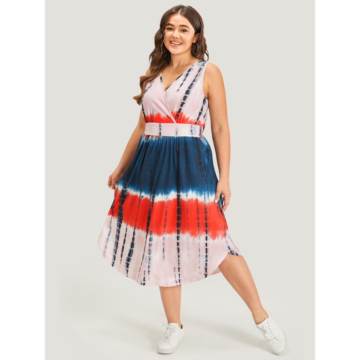 Plus Size Tie Dye Pocket Wrap Arc Hem Tank Dress Multicolor Women Casual Arc Hem V-neck Sleeveless Curvy Midi Dress BloomChic 10/M Product Image