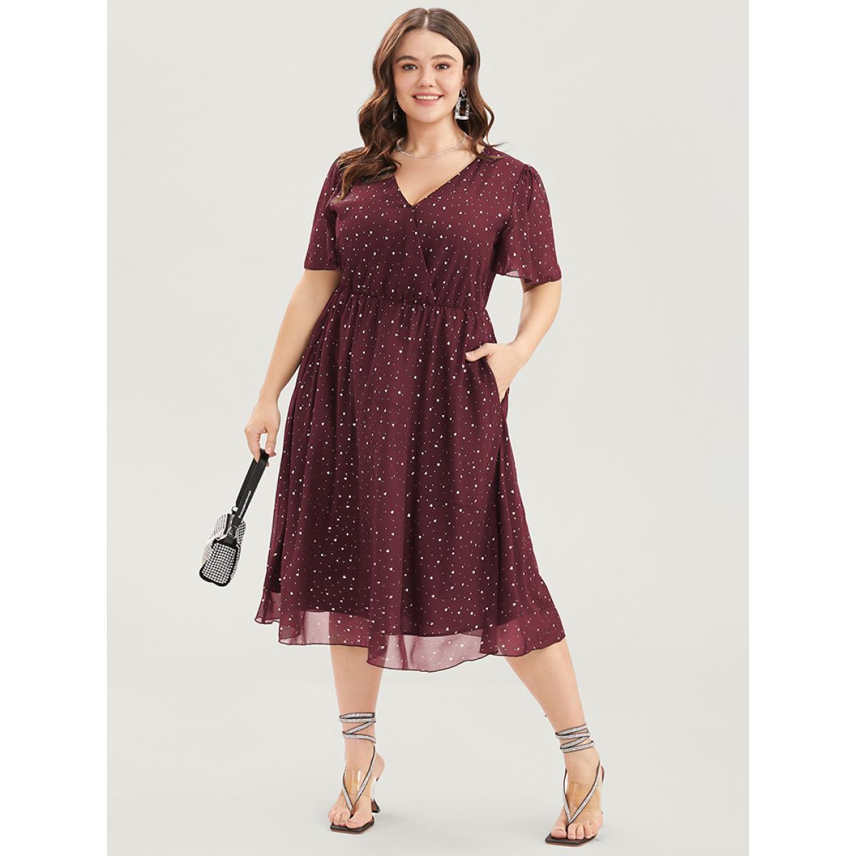 Plus Size Polka Dot Surplice Neck Mesh Pocket Flutter Dress Burgundy Women Glamour Pocket V-neck Short sleeve Curvy Midi Dress BloomChic 28/5X Product Image