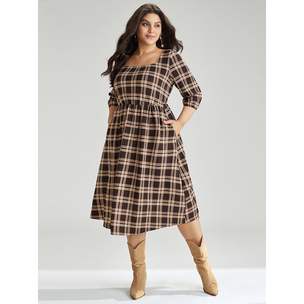 Plus Size Plaid Pocket Elastic Waist Square Neck Lantern Sleeve Dress DarkBrown Women Casual Elastic cuffs Square Neck Elbow-length sleeve Curvy Midi Dress BloomChic 18-20/2X Product Image