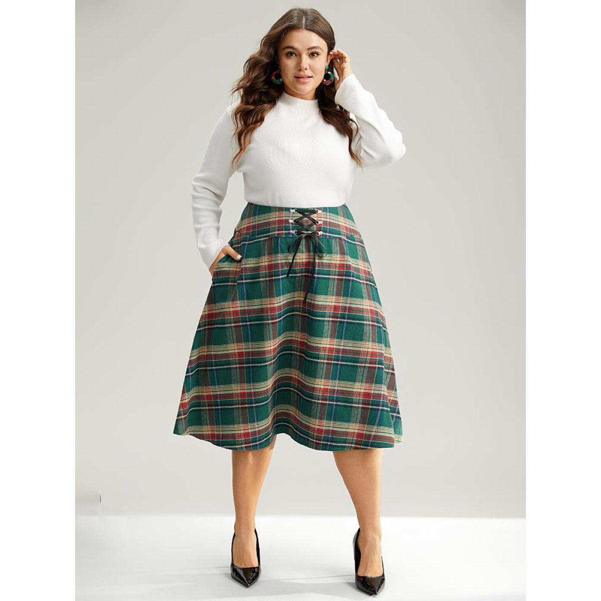 Plus Size Plaid Lace Up Pocket Cropped Skirt Women DarkGreen Party Style accents No stretch Pocket Festival-Christmas Skirts BloomChic 10/M Product Image