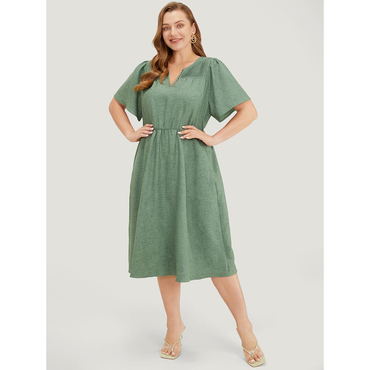 Plus Size Solid Pleated Detail Lace Pocket Ruffle Sleeve Dress Emerald Women Elegant Pleated V-neck Short sleeve Curvy Midi Dress BloomChic 18-20/2X Product Image