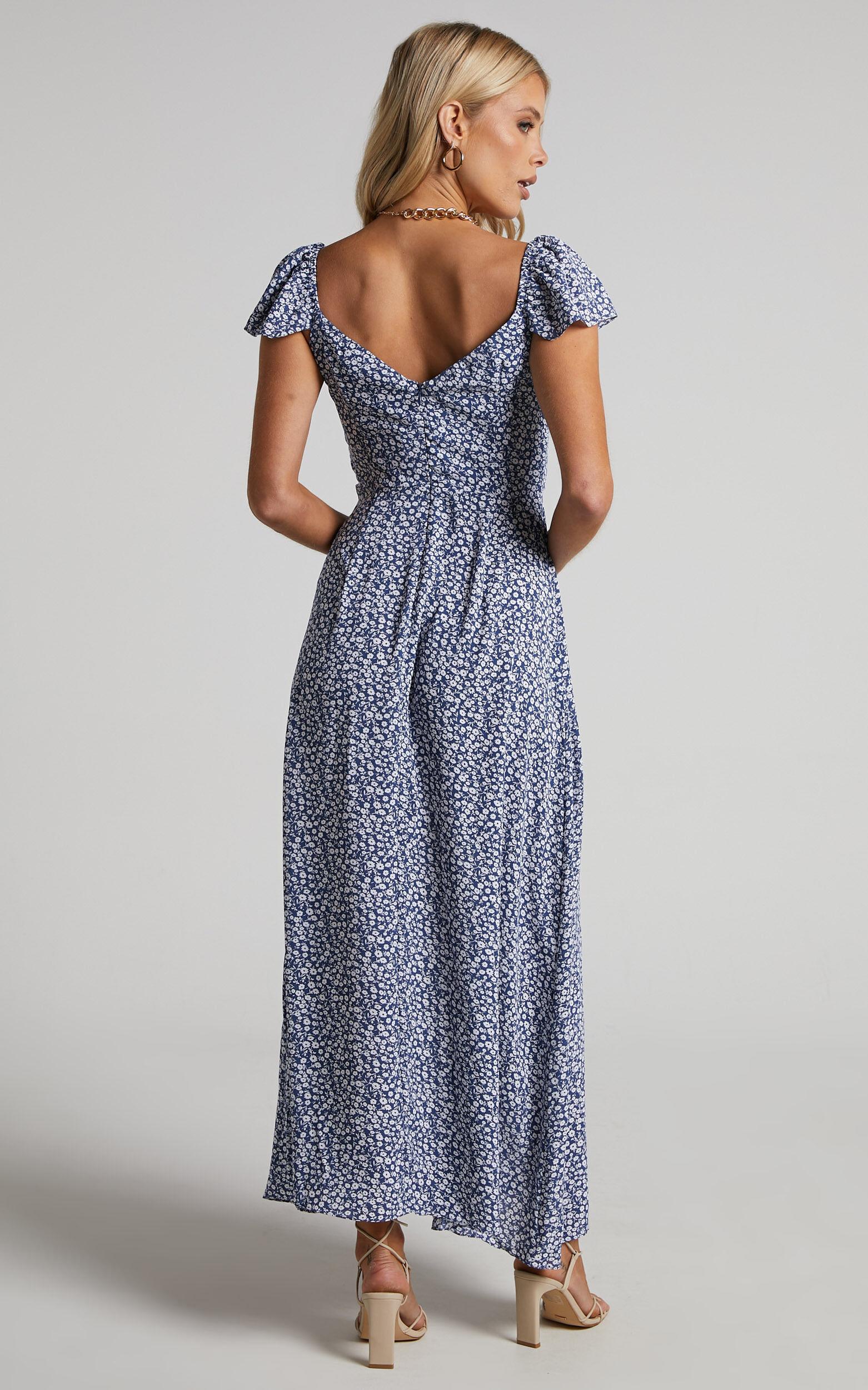 Donissa Midi Dress - Thigh Split Flutter Sleeve Dress in Blue Product Image