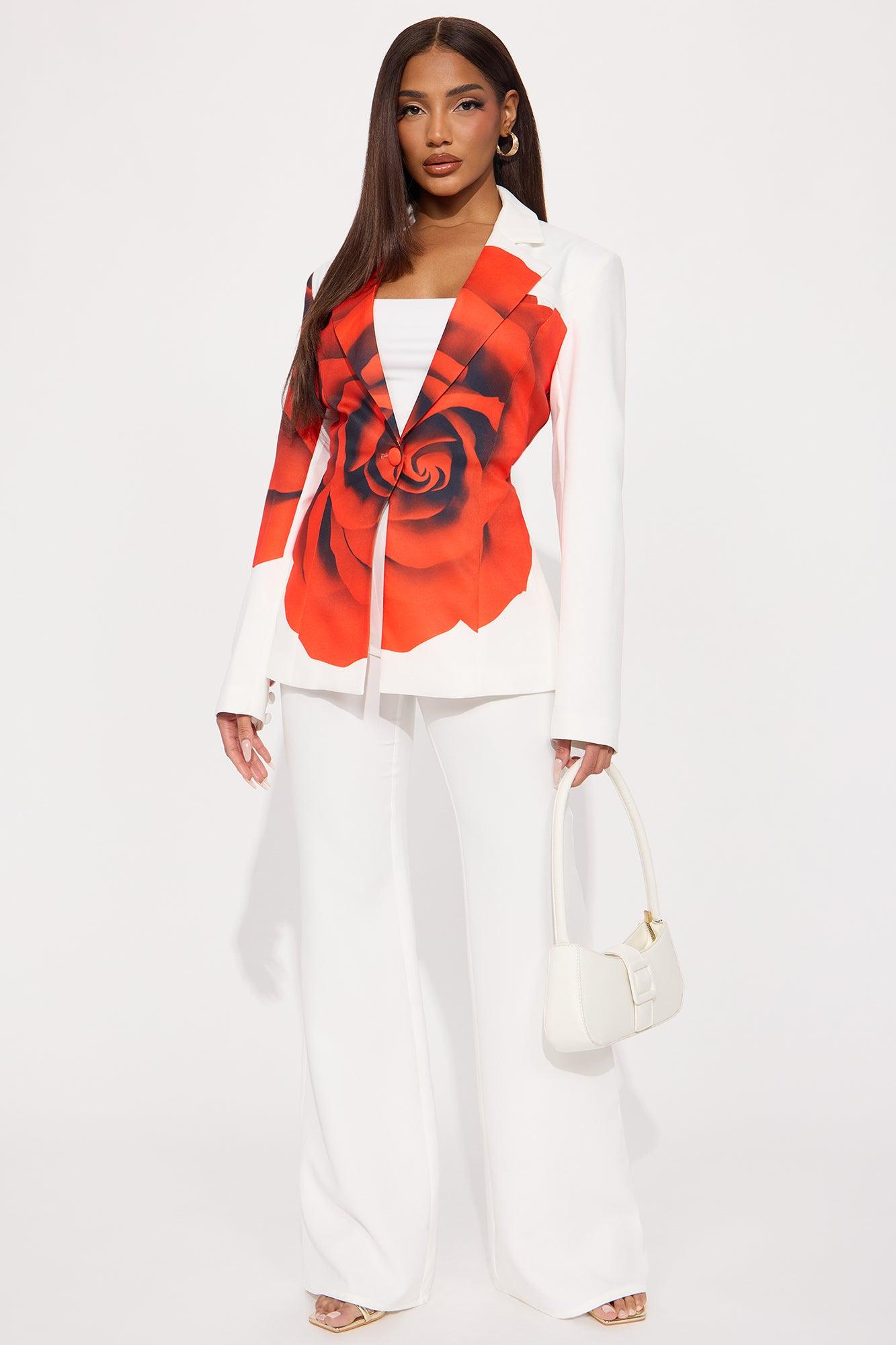 Rosy Elegance Blazer Pant Set - White/combo Product Image