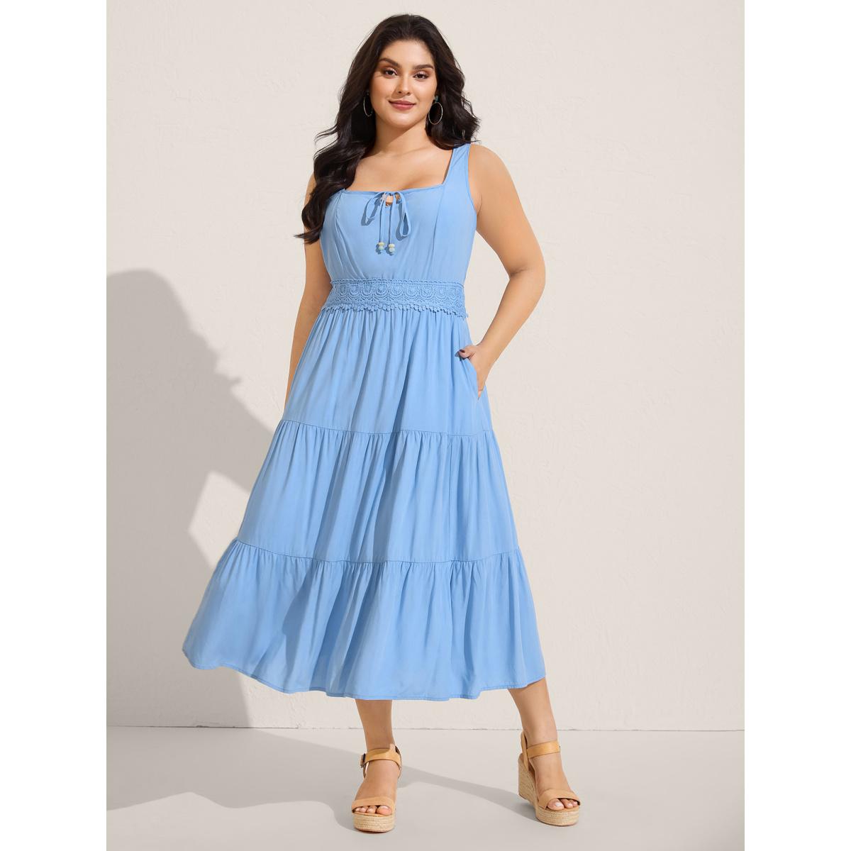 Plus Size Lace Trim Neck Tie Solid Midi Dress LightBlue Women Boho Square Neck Sleeveless Curvy BloomChic 10/M Product Image