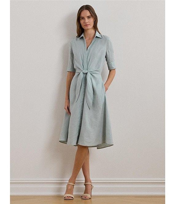 Lauren Ralph Lauren Linen Point Collar Elbow-length Sleeves Tie Front Shirt Midi Dress Product Image