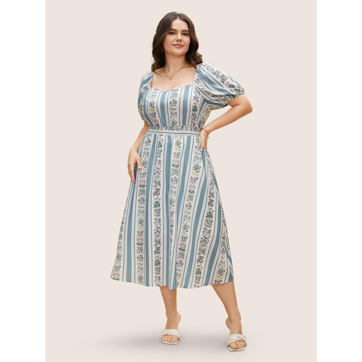 Plus Size Floral Patchwork Striped Shirred Puff Sleeve Dress LightBlue Women Elegant Gathered Heart neckline Short sleeve Curvy BloomChic 26/4X Product Image