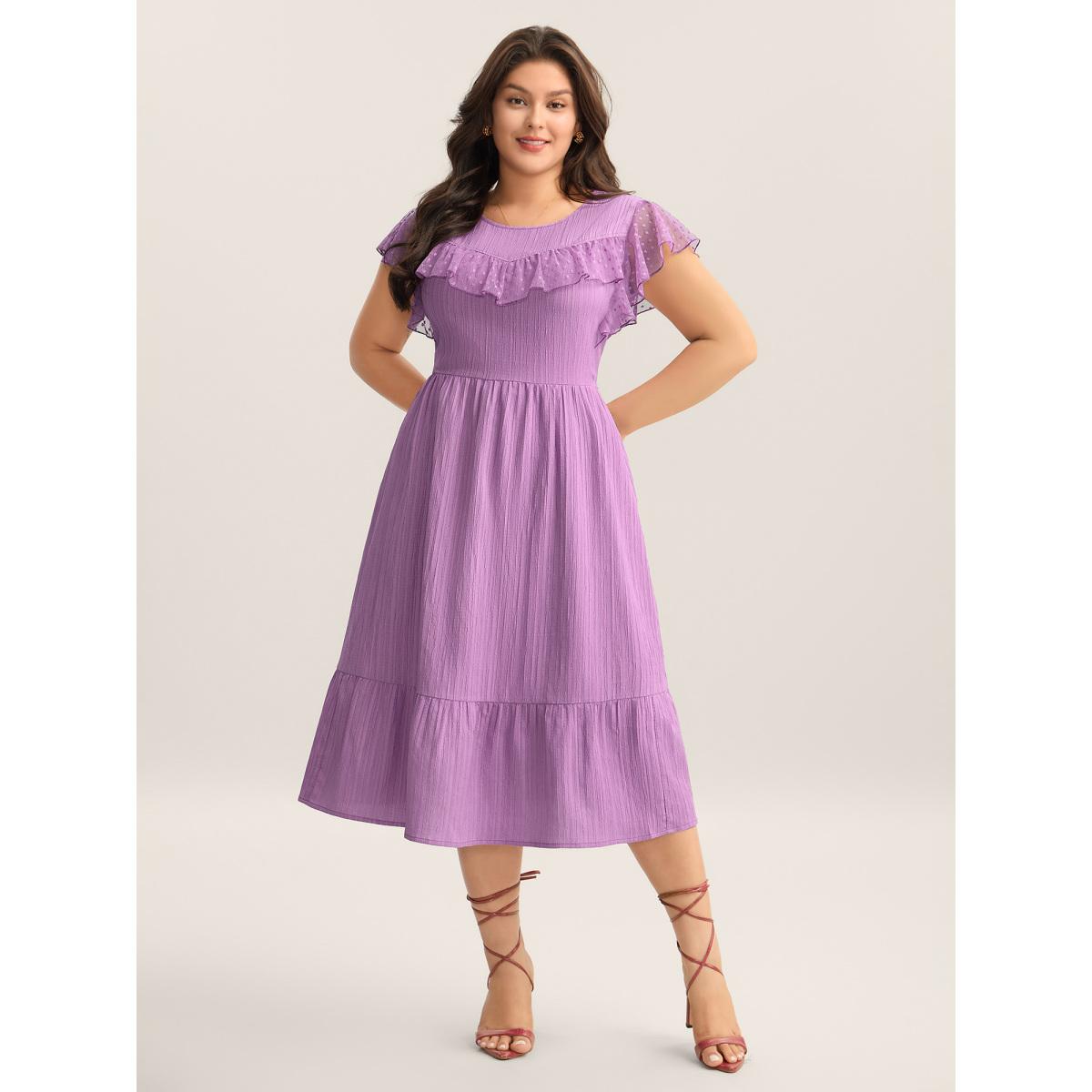 Plus Size Textured Ruffled Detail Pockets Midi Dress RedViolet Women Round Neck Cap Sleeve Curvy BloomChic 30/6X Product Image