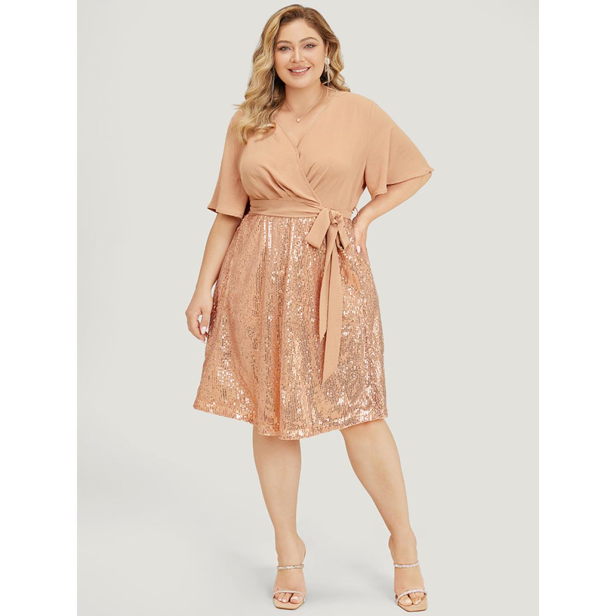 Plus Size Sequin Patchwork Pocket Belted Surplice Neck Ruffle Dress Apricot Women Party Lined V-neck Short sleeve Curvy Knee Dress BloomChic 18-20/2X Product Image