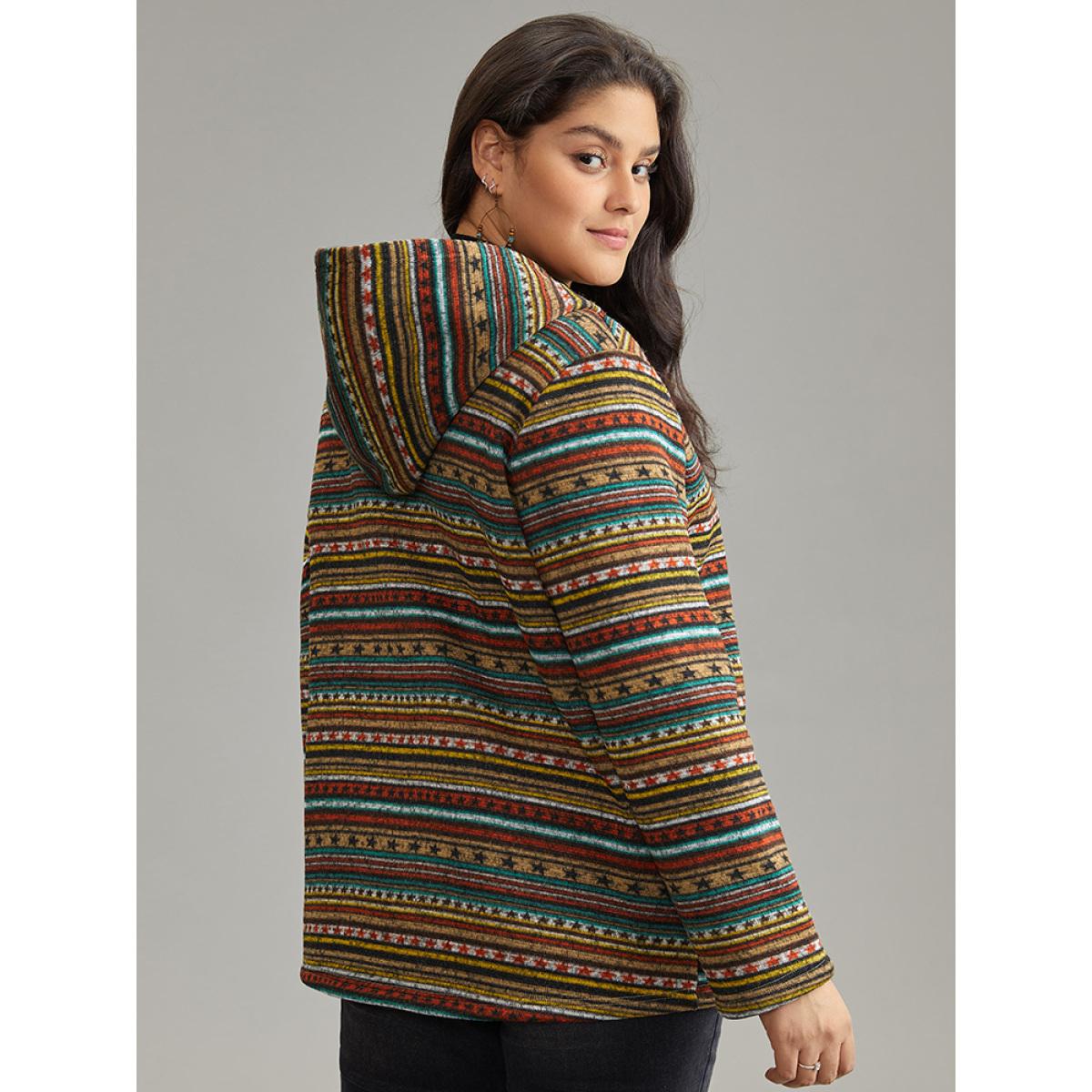 Plus Size Geometric Bandana Fluffy Hooded Zipper Jacket Women Bronze Contrast Pocket Dailywear Jackets BloomChic 10/M Product Image