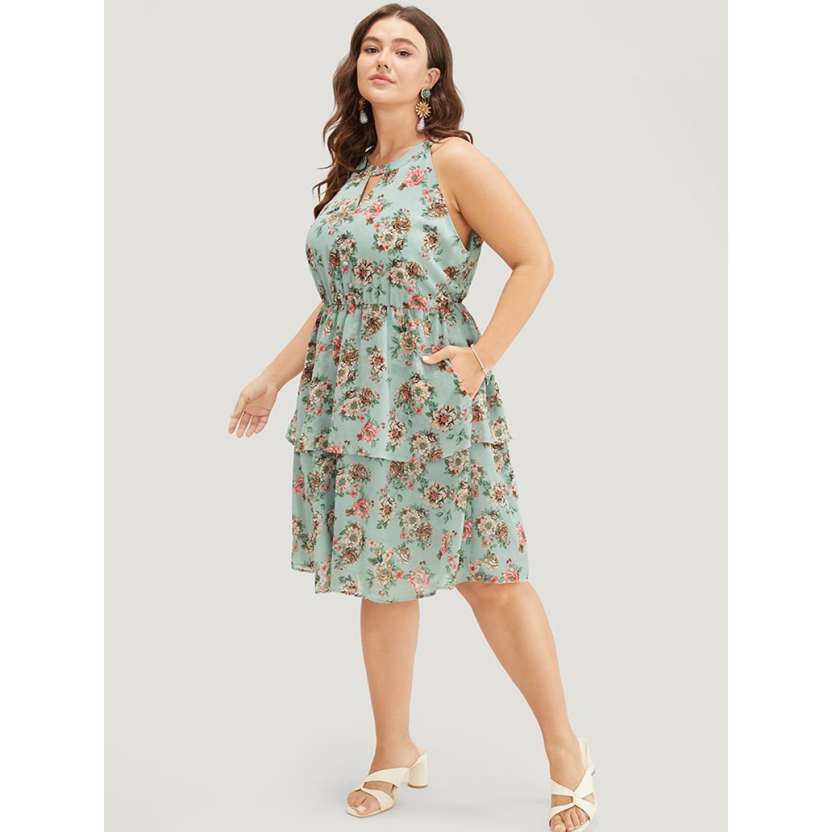 Plus Size Floral Pocket Ruffle Tiered Keyhole Knotted Halter Dress Mint Women Elegant Lined Halter neck Sleeveless Curvy Knee Dress BloomChic 14-16/1X Product Image