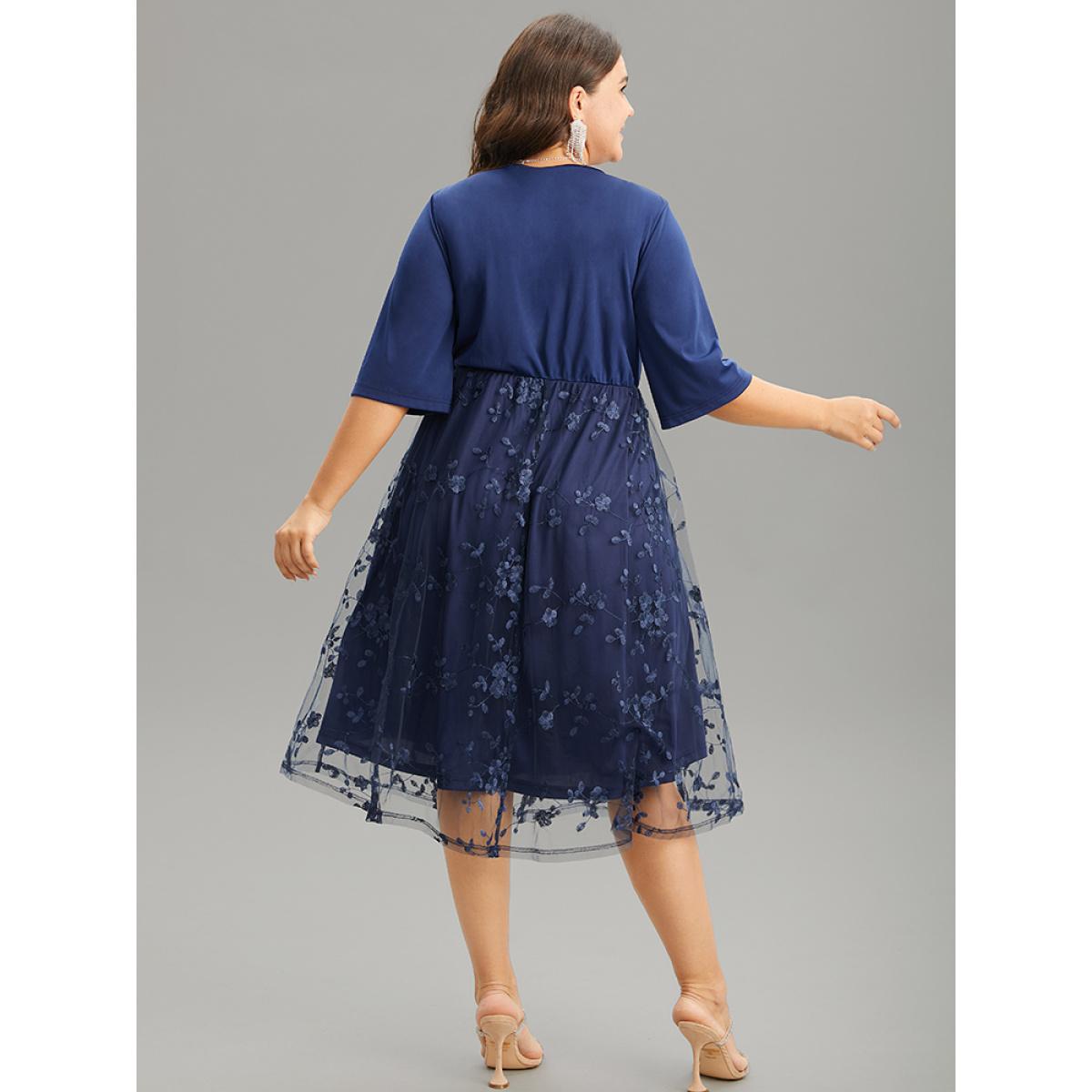 Plus Size Crochet Lace Mesh Overlap Collar Elastic Waist Dress DarkBlue Women Glamour Wrap Overlap Collar Half Sleeve Curvy Midi Dress BloomChic 10/M Product Image