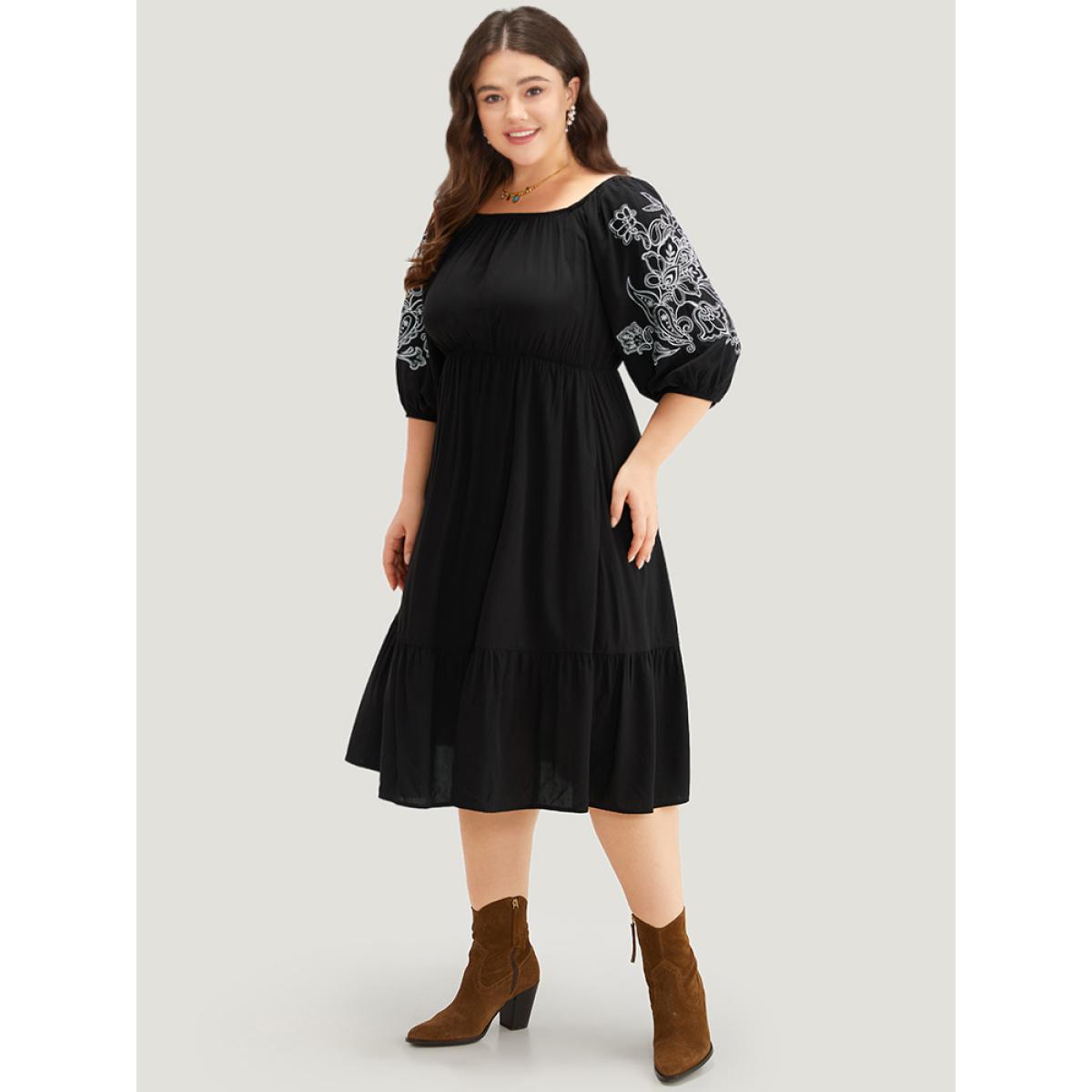 Plus Size Floral Embroidered Pocket Square Neck Lantern Sleeve Dress Black Women Vacation Adjustable Straps Square Neck Half Sleeve Curvy Midi Dress BloomChic 18-20/2X Product Image