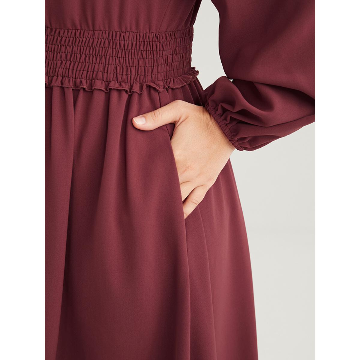 Plus Size Solid Pocket Lantern Sleeve Patchwork Ruffled Shirred Dress DustyPink Women Elegant Plain V-neck Long Sleeve Curvy Midi Dress BloomChic 12/L Product Image