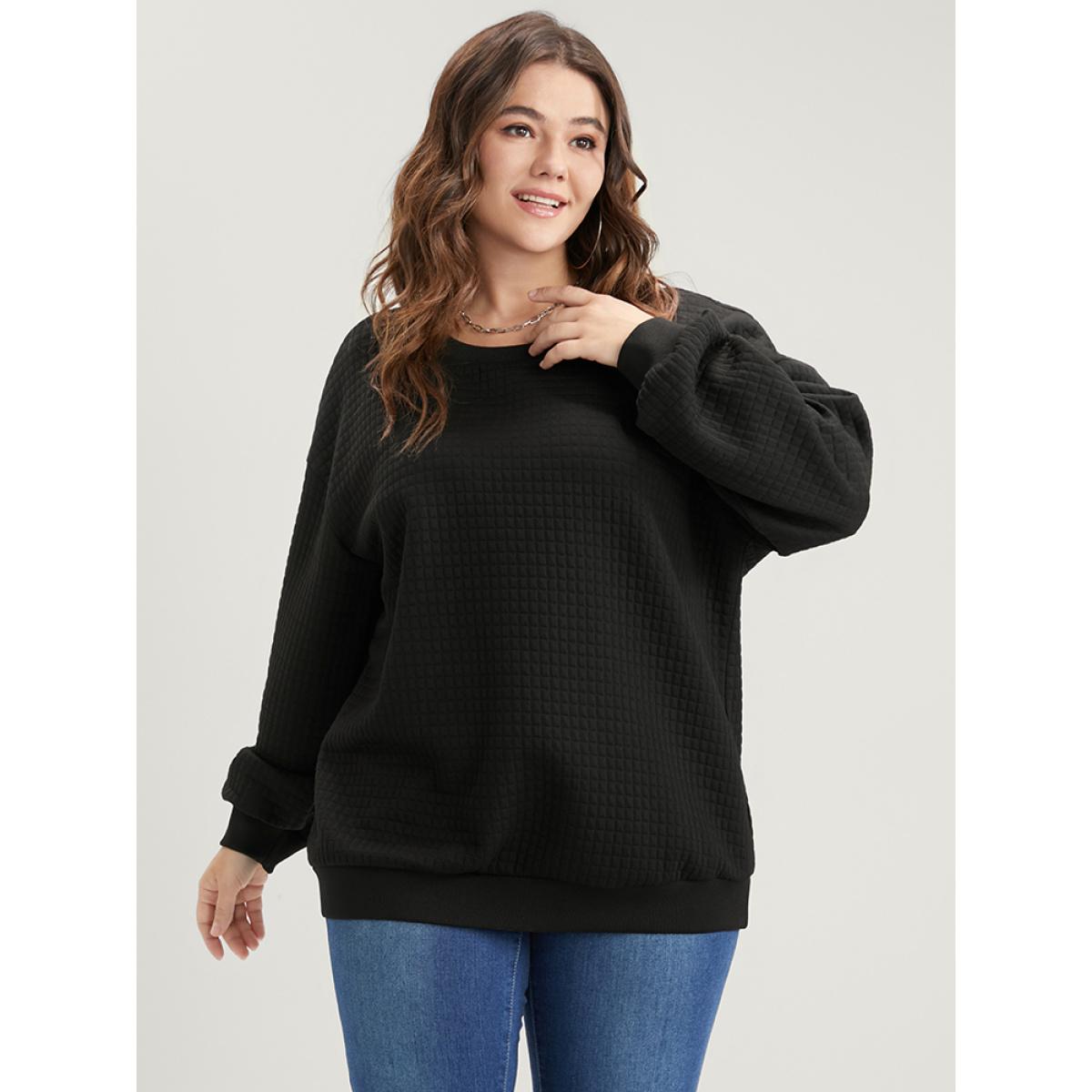 Plus Size Solid Textured Drop Shoulder Sweatshirt Women Black Casual Round Neck Dailywear Sweatshirts BloomChic 26/4X Product Image