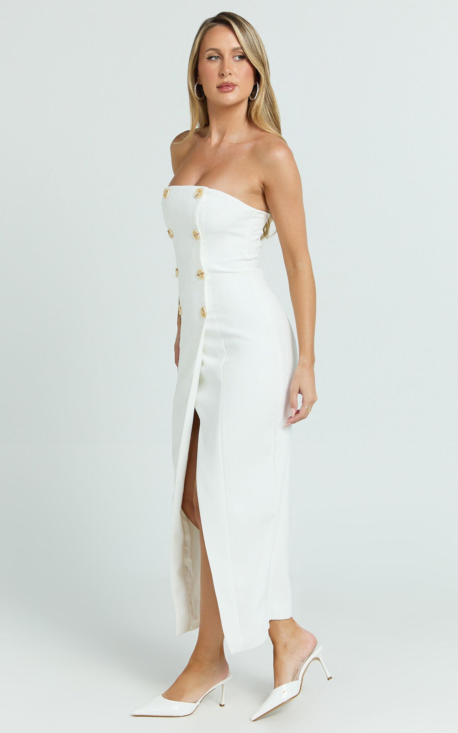 Carson Midi Dress - Strapless Double Breasted Wrap Fitted Dress in Off White Product Image