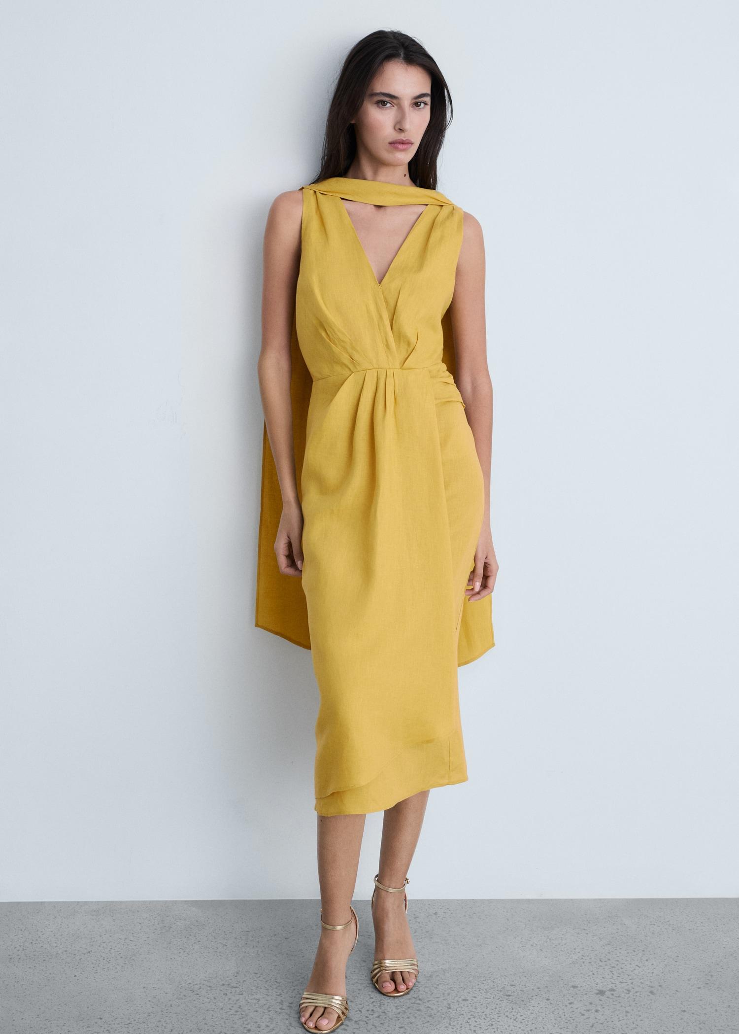 Linen pleated midi-dress - Women | MANGO USA Product Image