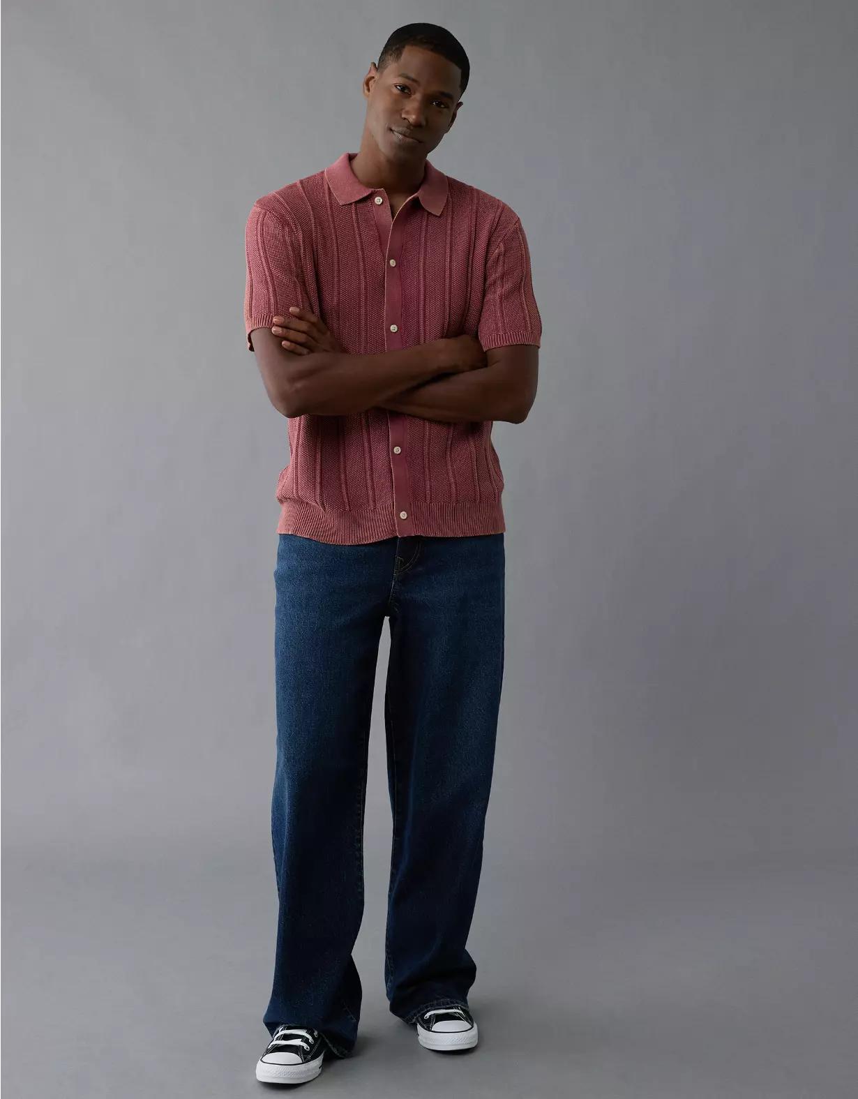 AE Weekend Washed Button-Up Sweater Polo Shirt Product Image