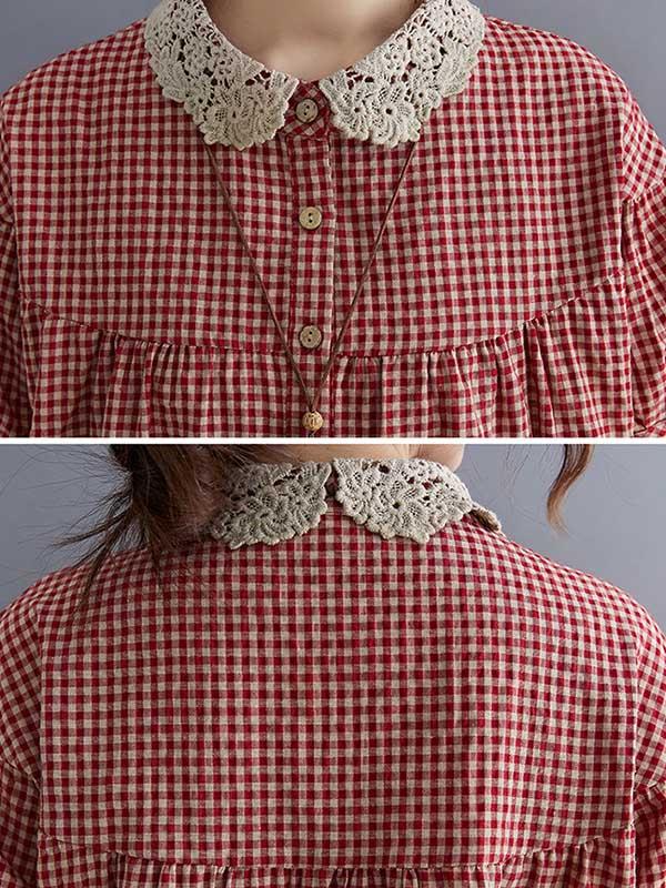 Cotton Blend Plaid Polo Puff Sleeve T-Shirts Tops Product Image