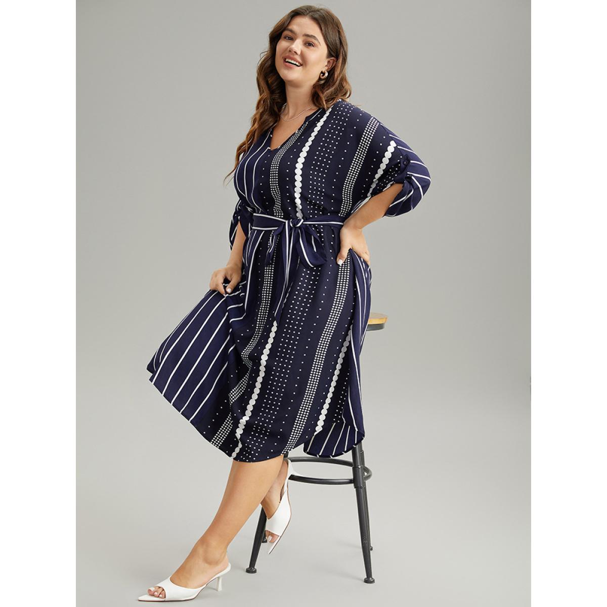 Plus Size Striped Patchwork Polka Dot Belted Notched Dress DarkBlue Women Office Belted Notched collar Elbow-length sleeve Curvy Midi Dress BloomChic 22-24/3X Product Image