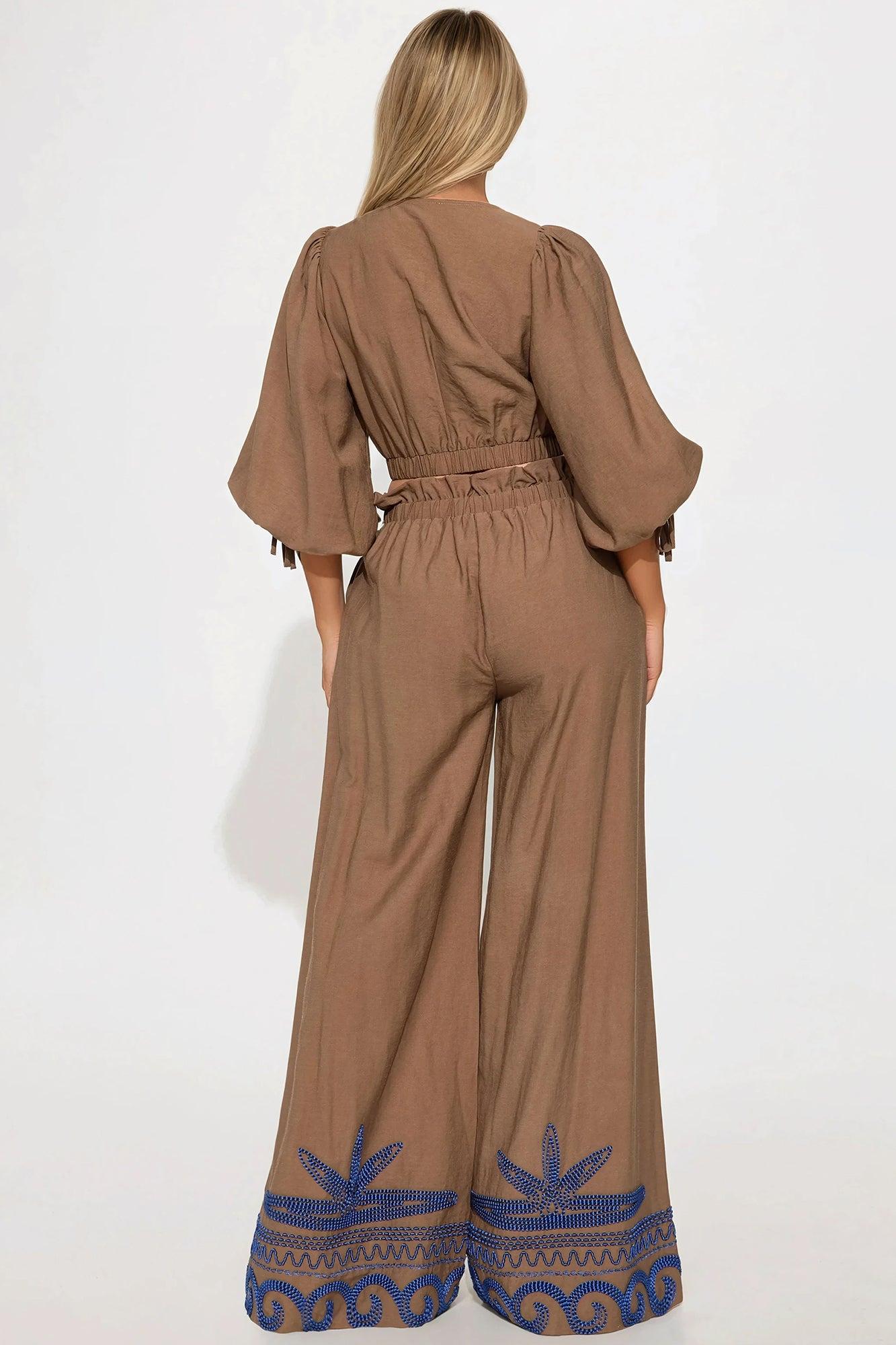 Cecilia Embroidered Linen Pant Set - Mocha Product Image