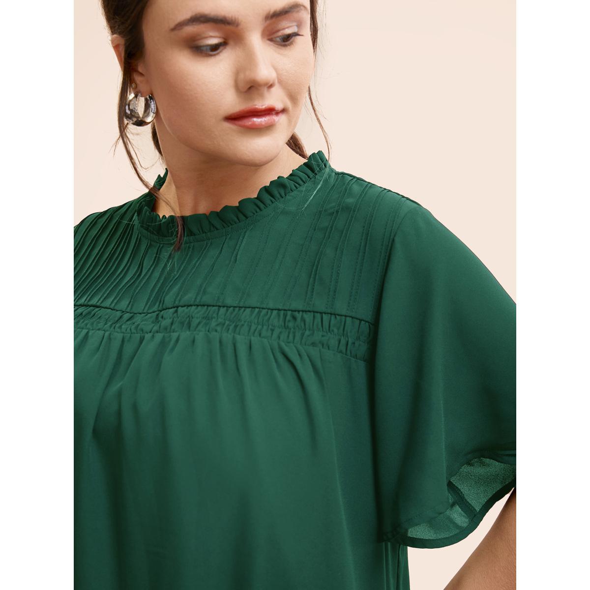 Plus Size DarkGreen Anti-Wrinkle Shirred Ruffle Sleeve Mesh Frill Trim Blouse Women Office Short sleeve Stand-up collar Office Blouses BloomChic 26/4X Product Image