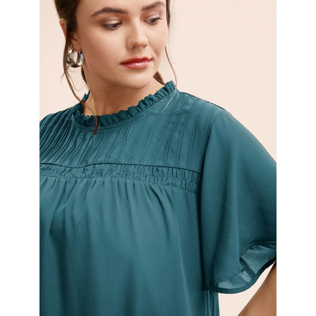 Plus Size DarkGreen Anti-Wrinkle Shirred Ruffle Sleeve Mesh Frill Trim Blouse Women Office Short sleeve Stand-up collar Office Blouses BloomChic 26/4X Product Image