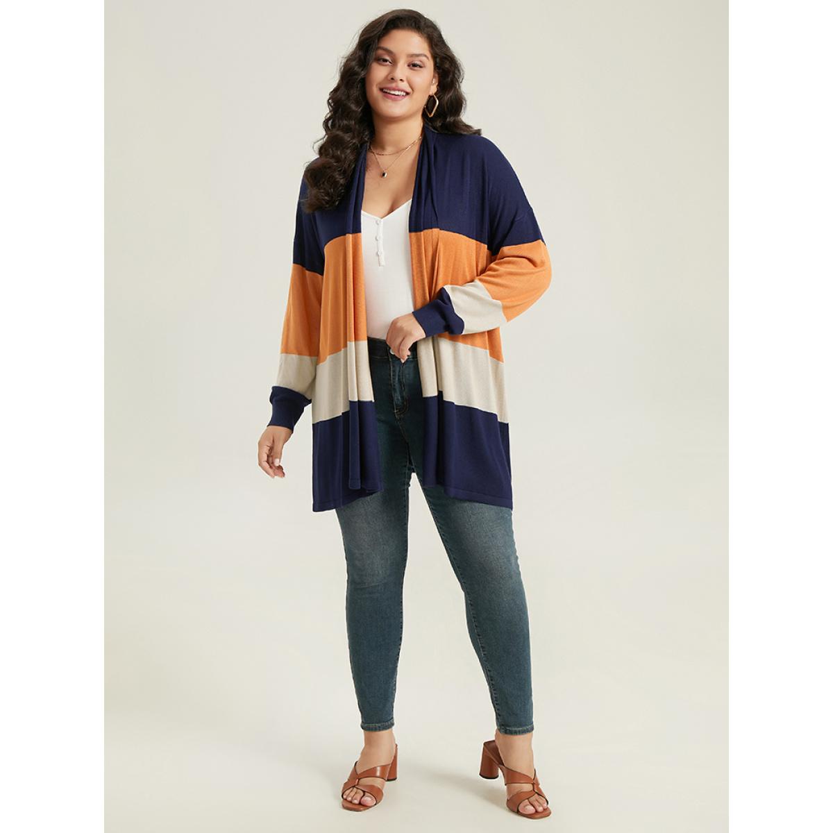Plus Size Supersoft Essentials Colorblock Contrast Cardigan Multicolor Women Casual Loose Long Sleeve Dailywear Cardigans BloomChic 30/6X Product Image