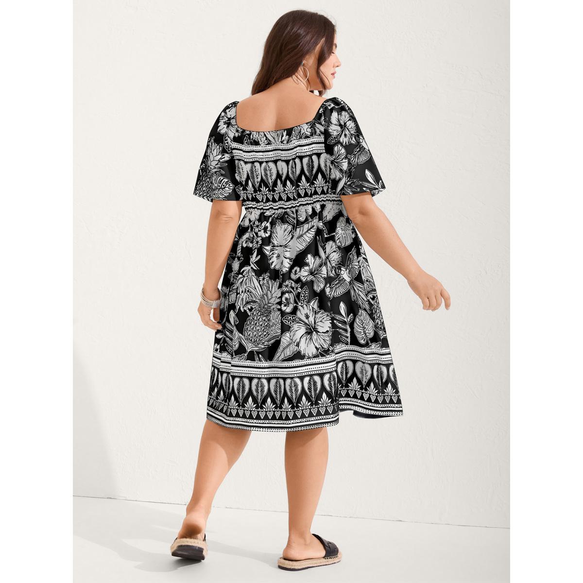 Plus Size Boho Print Fit Flare Pockets Midi Dress Black Women Resort Non Heart neckline Short sleeve Curvy BloomChic 22-24/3X Product Image