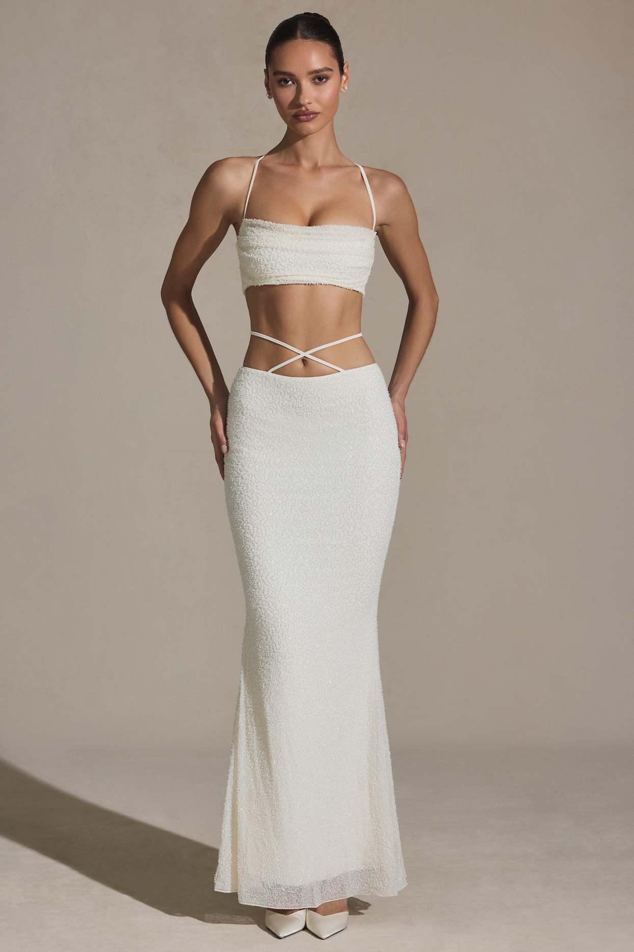Embellished Strappy Maxi Skirt in White Product Image