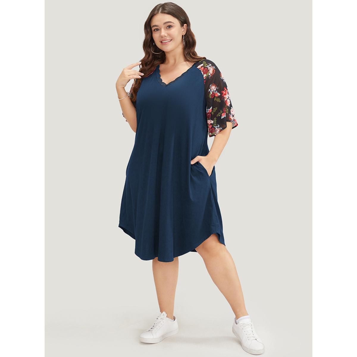 Plus Size Floral Raglan Sleeve Lace Trim Pocket Arc Hem Dress DarkBlue Women Casual Non V-neck Short sleeve Curvy Midi Dress BloomChic 14-16/1X Product Image