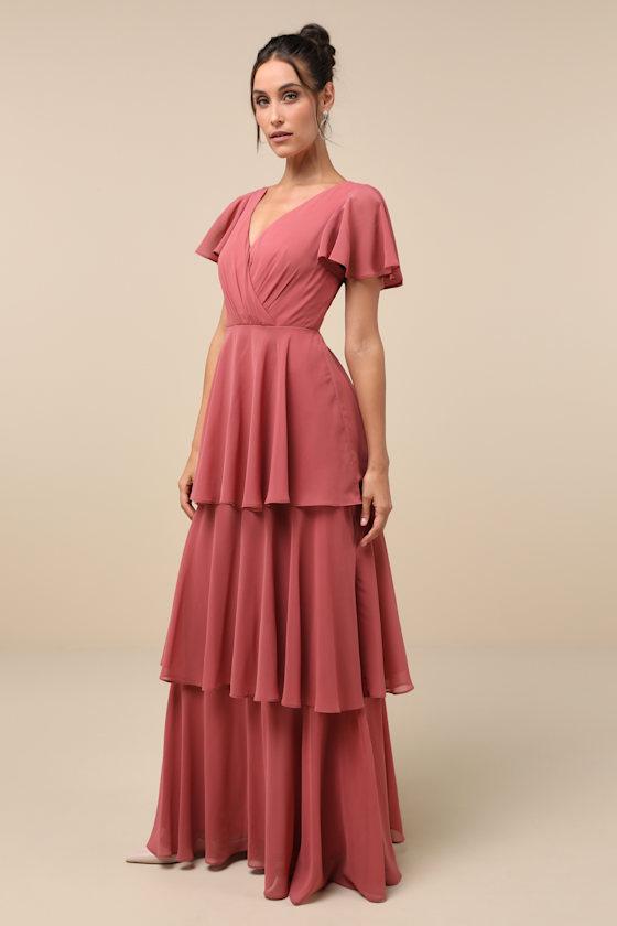 Sincerely Exquisite Rusty Rose Short Sleeve Tiered Maxi Dress Product Image